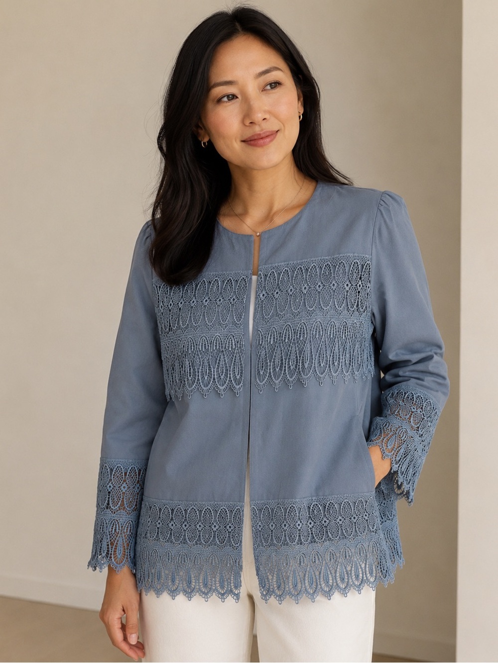 Chico's Faux Suede Open Front Crochet Lace Cardigan / Jacket